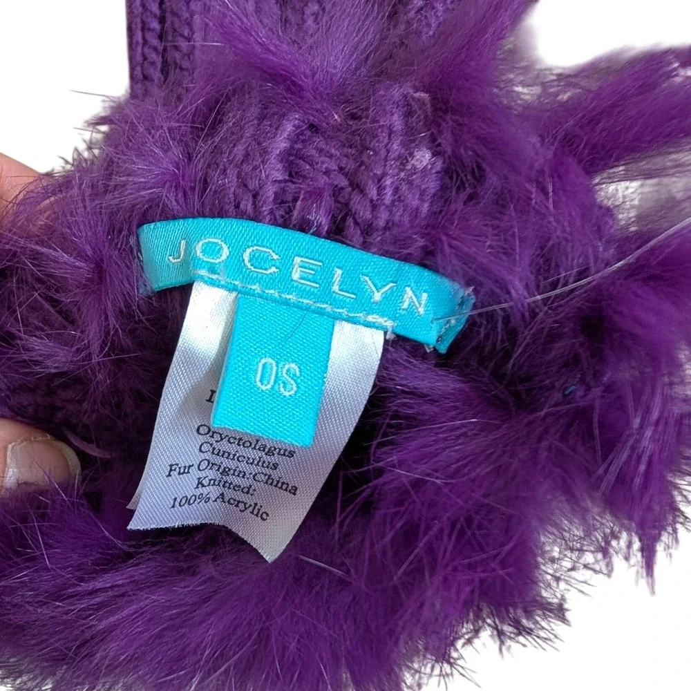 Jocelyn Purple Real Rabbit Fur Trim Ribbed Knit Fingerless Gloves Arm Warmers OS
